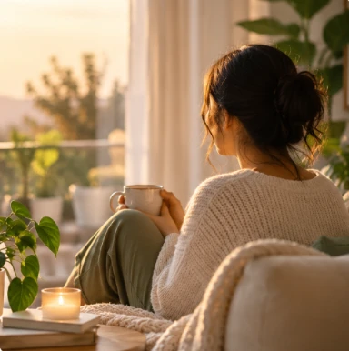 A woman relaxing on her sofa at sunset with a warm drink, looking out of the window