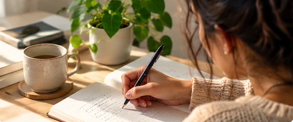 A woman writing in a notebook at a sunny desk with a cup of tea