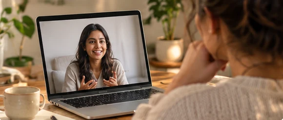 A woman on a video call with a smiling listener on her laptop