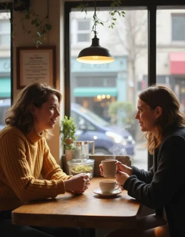 Two women talking over coffee at a quiet cafe table